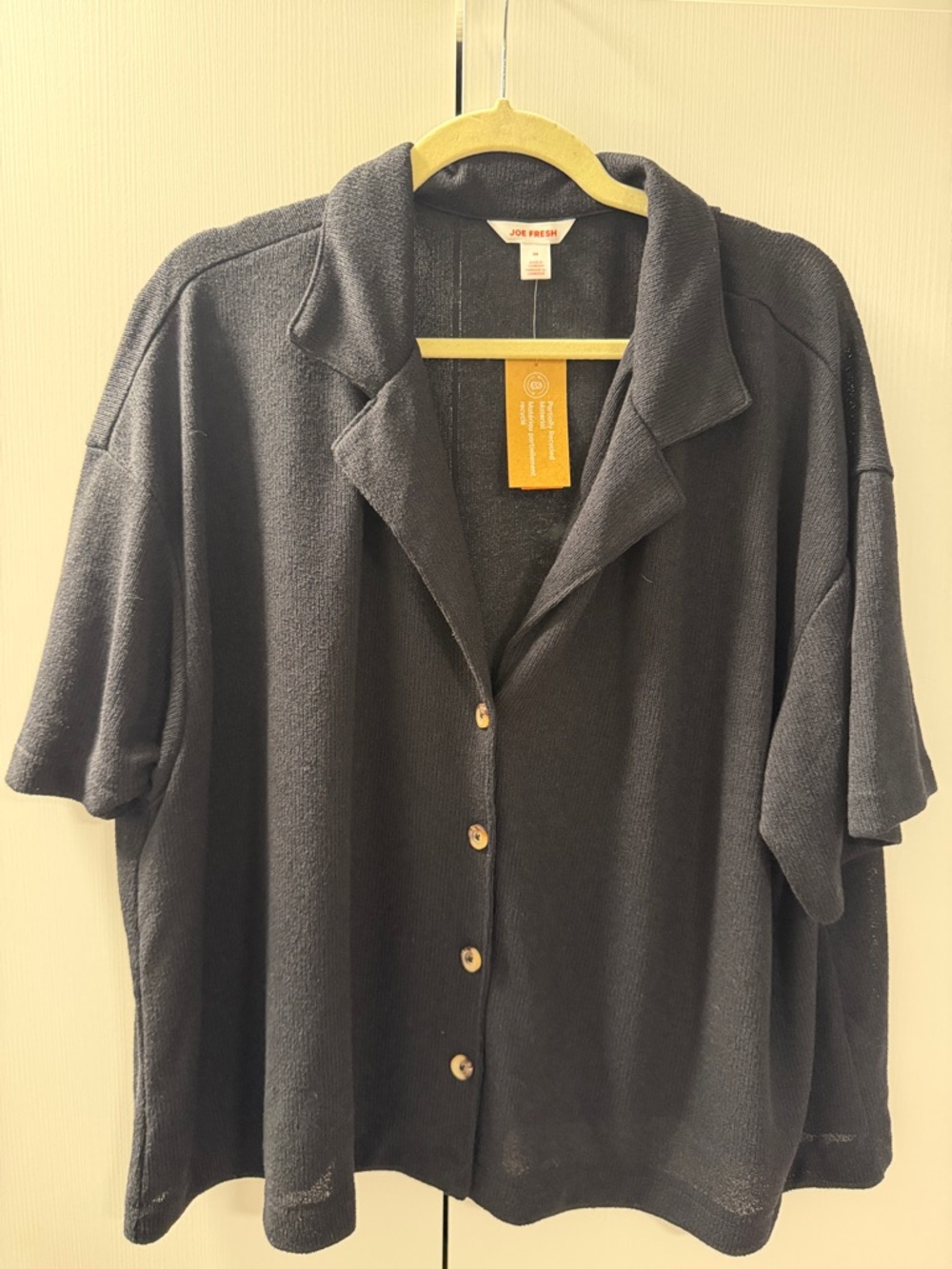 Joe Fresh Black Knit Button Up Shirt 3X NWT Lightweight Short Sleeve Blouse